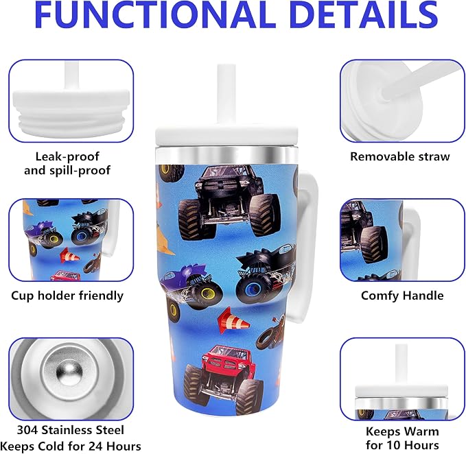 20-OZ Insulated Water Bottle,Insulated Stainless Steel Tumbler,Reusable Cold Drink Thermos,BPA-Free, Double-Wall Stainless Steel Water Bottle (Light blue-Monster truck, 20, Fluid Ounces) - Image 3