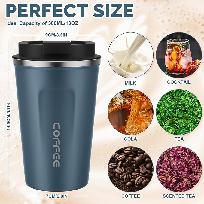 MOMSIV 12oz Travel Mug, Insulated Coffee Cup with Leakproof Lid, Vacuum Stainless Steel Double Walled Reusable Tumbler for Hot and Cold Water Coffee and Tea In Travel and Car Blue - Image 2