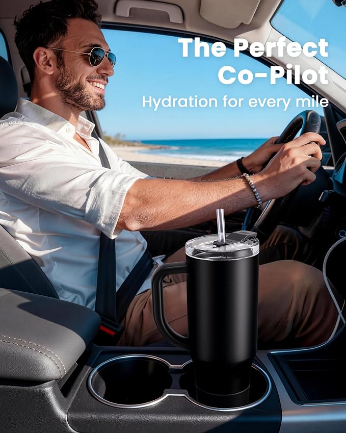 Renoj Insulated Mug 100% Leak Proof Insulated Water Bottle for Iced Coffee & Hot Drinks - Fits Car Cup Holder, Ideal Gift, 2 Straws & Silicone Boot - SnapShift Black 32 oz - Image 2