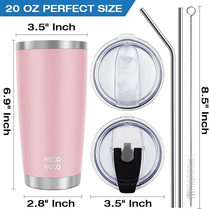 WETOWETO 20oz Tumbler with 2 lids and 2 straws, Stainless Steel Vacuum Insulated Water Coffee Tumbler Cup, Double Wall Powder Coated Spill-Proof Travel Mug Thermal Cup (Ice Pink, 1 Pack) - Image 3