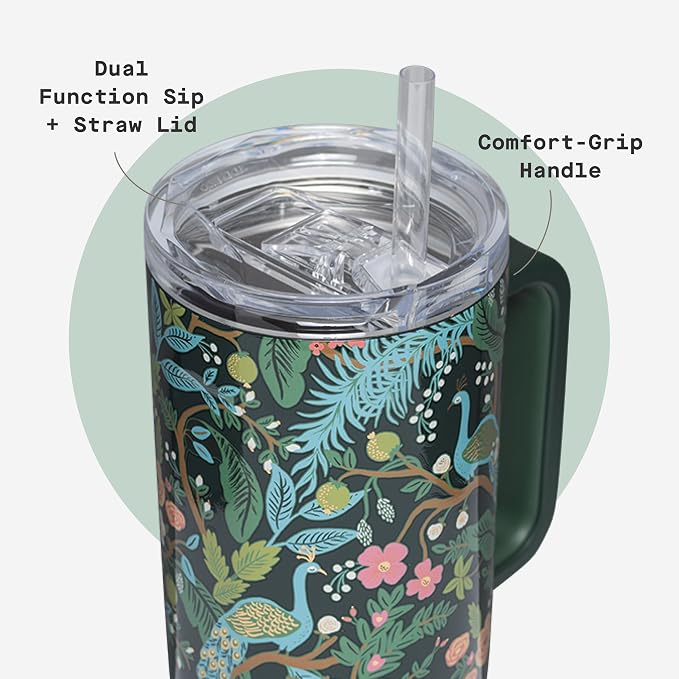 Corkcicle x Rifle Paper Co. Cruiser Insulated Tumbler with Handle & Straw - Keeps Drinks Cold 20 Hours - BPA-Free - Gift for Mom - Great for Mother's Day or Christmas - 40 oz - Peacock Blue - Image 5