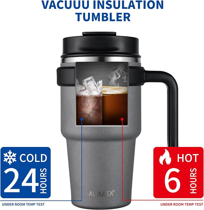ALOUFEA 20 oz Insulated Coffee Mug Tumbler with Handle, Stainless Steel Travel Mug Tumbler with Lid and Straw, Double Wall Vacuum Leak Proof Ice Coffee Thermal Cup, Gray - Image 4