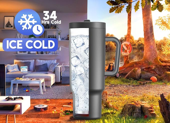 Meoky 40 oz Tumbler with Handle and Flip Straw, 100% Leakproof Tumbler with Lid and Straw, Stainless Steel Insulated Cup, Cupholder Friendly, Keeps Cold for 34 Hours (Night) - Image 2