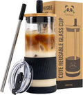 Pandaloo® Glass Cups With Lids and Straws -20 Fl Oz- Perfect Size Iced Coffee Cup - Smoothie Cup With Bamboo Lid and On the go Lid - Glass Tumbler With Straw (1 Count (Pack of 1), Black Saphir) by Pandaloo