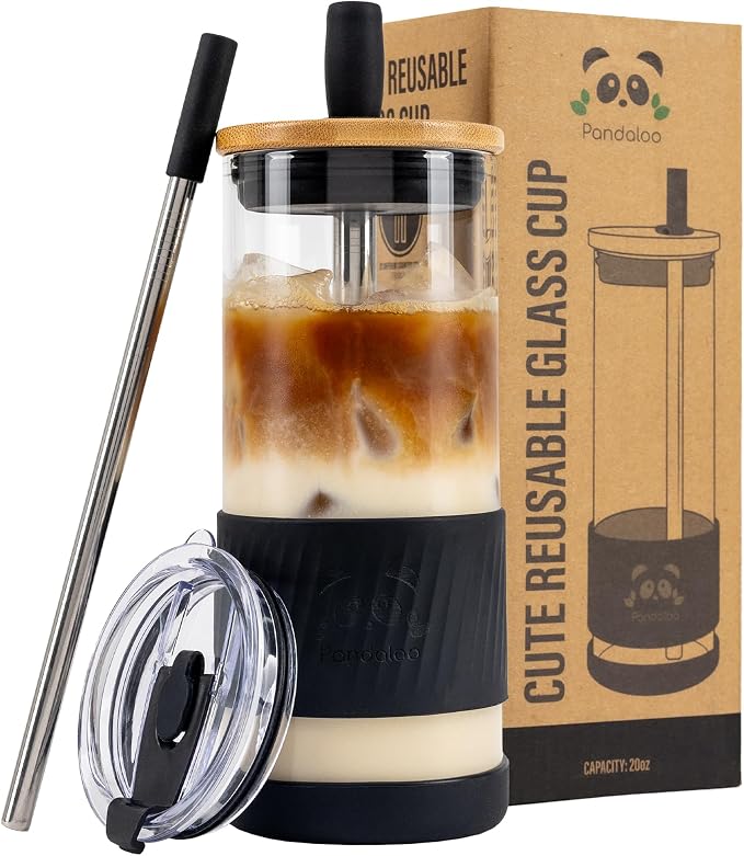 Pandaloo® Glass Cups With Lids and Straws -20 Fl Oz- Perfect Size Iced Coffee Cup - Smoothie Cup With Bamboo Lid and On the go Lid - Glass Tumbler With Straw (1 Count (Pack of 1), Black Saphir) by Pandaloo