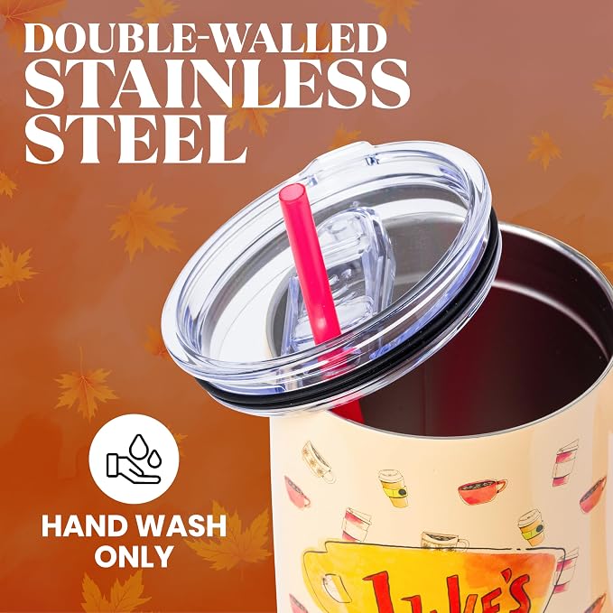 Silver Buffalo Gilmore Girls Luke's Diner Double Walled Stainless Steel Tumbler with Handle and Straw, Fits in Standard Cup Holder, 40 Ounces - Image 4