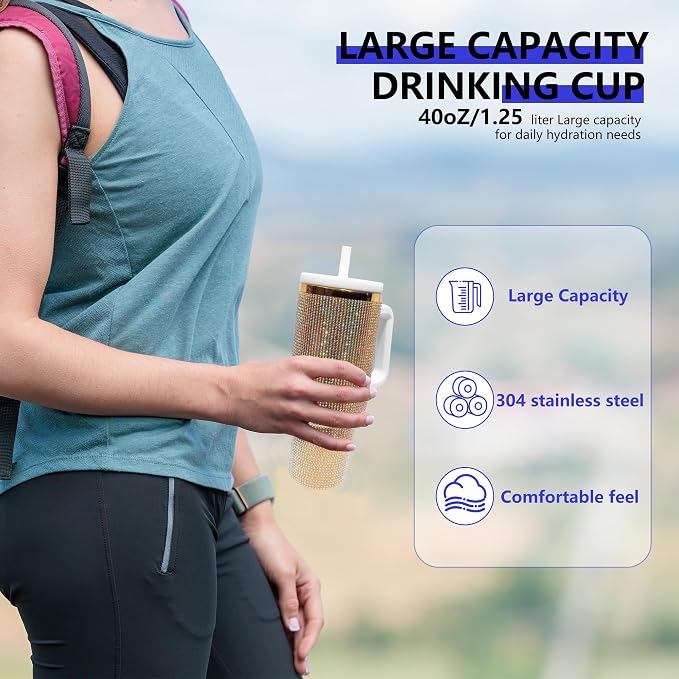40-OZ Insulated Water Bottle,Insulated Stainless Steel Tumbler,Reusable Cold Drink Thermos,BPA-Free, Double-Wall Stainless Steel Water Bottle (Golden Copper Color-Diamond, 40, Fluid Ounces) - Image 4