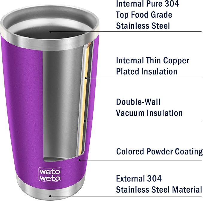 WETOWETO 20oz Tumbler with 2 lids and 2 straws, Stainless Steel Vacuum Insulated Water Coffee Tumbler Cup, Double Wall Powder Coated Spill-Proof Travel Mug Thermal Cup (Purple, 1 Pack) - Image 4