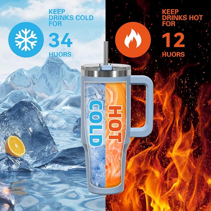 40 oz Tumbler with Handle,Tumbler with Lid and Straw,Double Wall Insulated Cup Stainless Steel Travel Mug(Cold for 34 Hours),Water Bottle for Iced Tea,Coffee,Cold Beverages(Smog Blue) - Image 2
