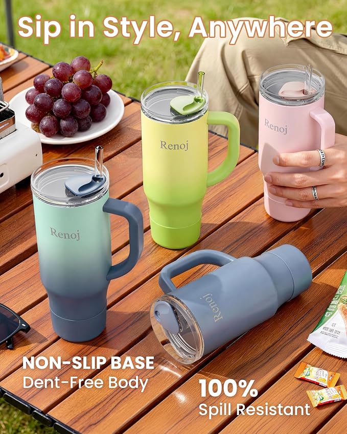 Renoj Insulated Mug 100% Spill Resistant Insulated Water Bottle for Iced Coffee & Hot Drinks - Fits Car Cup Holder, Ideal Gift, 2 Straws & Silicone Boot - FlexSlide Navy Blue 40 oz - Image 7