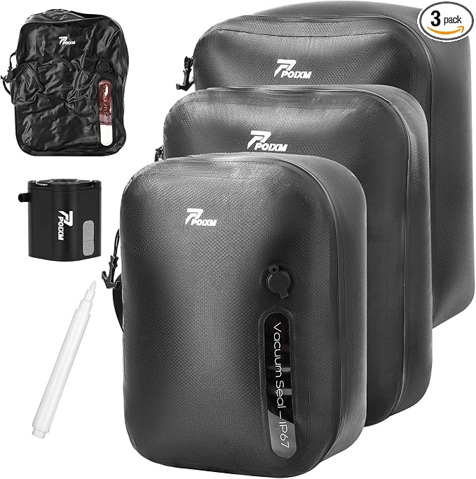 Vacuum Bags for Travel with Wireless Pump, 180° Open Zipper, IP67 Waterproof by POIXM