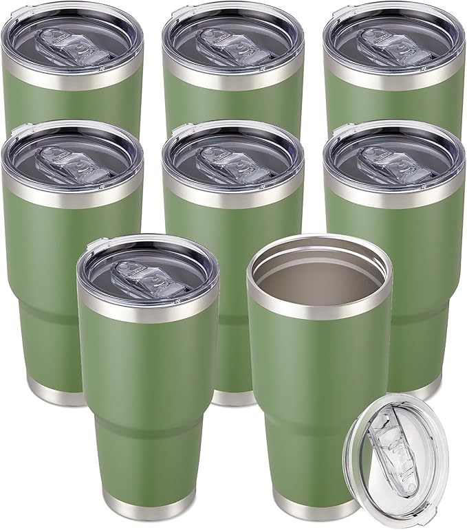 30 oz Tumbler with Lid Stainless Steel Tumblers Bulk Vacuum Insulated Cup Reusable Powder Coated Travel Mug Double Wall Leak Proof Cups Keep Cold Drinks for 12 Hours Army Green, Set of 8 by CoolYoleb