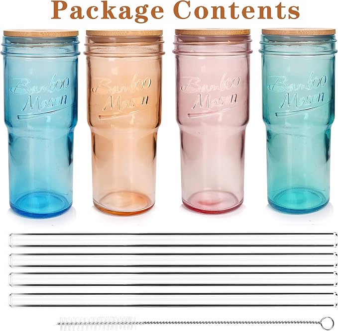 ANOTION Colored Glass Cups with Lids and Straws - 24oz Travel Coffee Mug Wide Mouth Mason Jar Iced Coffee Cup Smoothie Cup Glass Tumbler Tea Cup Clear Cute Water Cups Colorful Drinking Glasses - Image 7