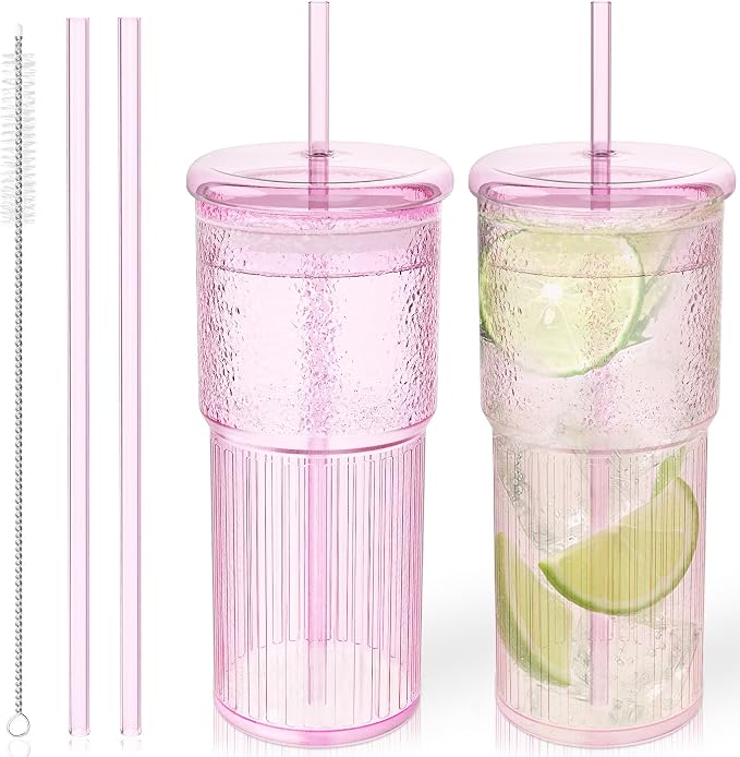 Luiaiog Glass Cups with Lids and Glass Straws, High Borosilicate 20OZ Pink Tumblers (2Pcs) for Coffee, Tea, Juice, Smoothies, Hot & Cold Drinks at Home/Office by Luiaiog
