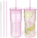 Luiaiog Glass Cups with Lids and Glass Straws, High Borosilicate 20OZ Pink Tumblers (2Pcs) for Coffee, Tea, Juice, Smoothies, Hot & Cold Drinks at Home/Office by Luiaiog