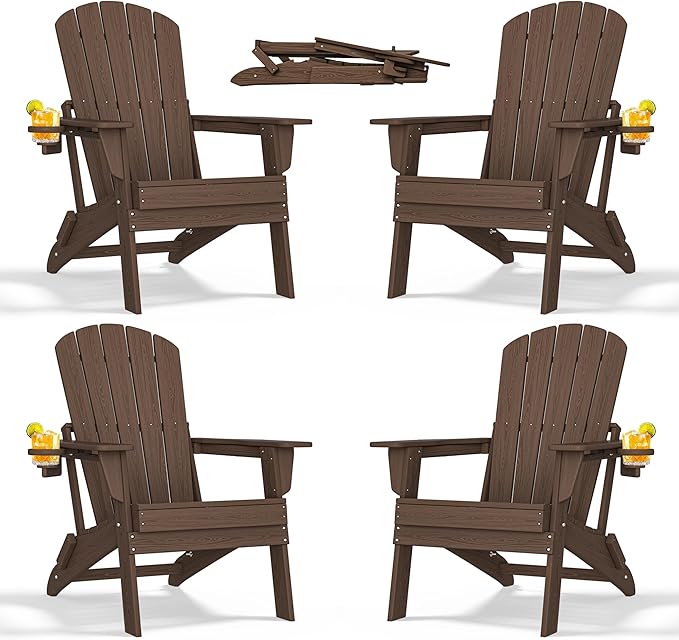 Folding Adirondack Chair with Cup Holder Set of 4, HDPE Patio Chairs, by nevilywood