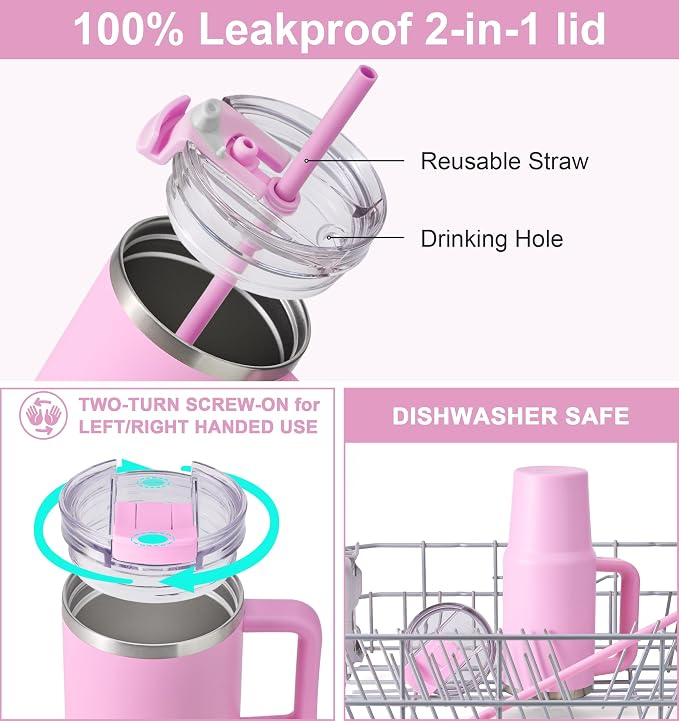 SUNWILL Travel Coffee Mug with Lid, 20 oz Tumbler with Handle and Straw Leak Proof, Stainless Steel Cup Insulated for Office & Gym, Cupholder Friendly, Powder Coated Pink - Image 4