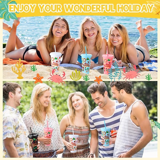 Honeydak 40 Pcs 24 OZ Tumbler with Straw and Lid Gifts Reusable Plastic Cups Bulk Water Bottle Iced Coffee Travel Mug Cup for Parties Birthdays (Hello Summer) - Image 4