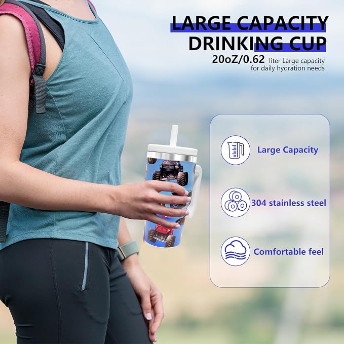 20-OZ Insulated Water Bottle,Insulated Stainless Steel Tumbler,Reusable Cold Drink Thermos,BPA-Free, Double-Wall Stainless Steel Water Bottle (Light blue-Monster truck, 20, Fluid Ounces) - Image 4