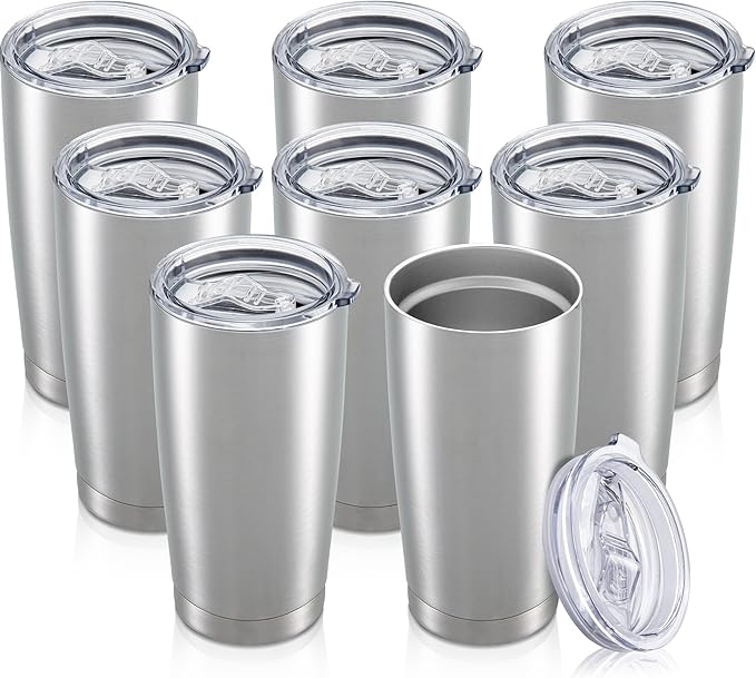 20 oz Tumbler with Lid Stainless Steel Insulated Tumblers Bulk Double Wall Vacuum Cups Powder Coated Travel Mug Keep Drink Cold and Hot, Stainless Steel, 8 Pack by Orebigo