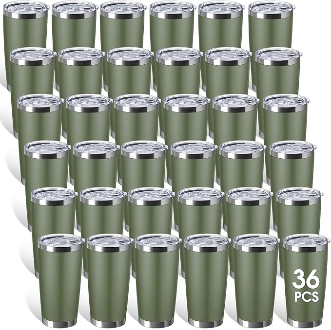 Sieral 36 Pack Stainless Steel Tumblers Bulk with Lids Double Wall Vacuum Insulated Coffee Cups Blank leakproof Powder Coated Tumblers for Engraving Wedding Graduation Party Favors(20 oz,Army Green) by Sieral