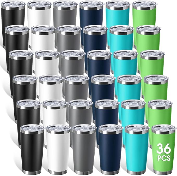 Sieral 36 Pack Stainless Steel Tumblers Bulk with Lids Double Wall Vacuum Insulated Coffee Cups Blank leakproof Powder Coated Tumblers for Engraving Wedding Graduation Party Favors(20 oz,Multicolor) by Sieral