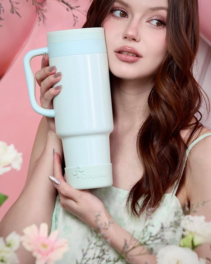 40 oz Insulated Tumbler with Handle and Push-Button Straw Lid, Stainless Steel Travel Cup for Gym Office, Leakproof, BPA-Free, Cup Holder Friendly, Bow Silicone Boot, Green (Morning Mist) - Image 7