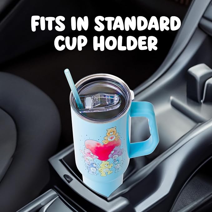 Silver Buffalo Care Bears Watercolor Featuring Tenderheart, Cheer, Grumpy, Funshine, Bedtime, Share Bear Double Walled Stainless Steel Tumbler w Handle & Straw, Fits in Standard Cup Holder, 40 Ounces - Image 6