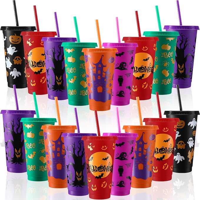 Honeydak 40 Pcs 24oz Halloween Tumblers Bulk Halloween Plastic Cups with Lids Reusable Water Bottle Iced Coffee Travel Mug Cup for Party Holiday Birthdays Goodie Bags Supplies by Honeydak