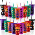 Honeydak 40 Pcs 24oz Halloween Tumblers Bulk Halloween Plastic Cups with Lids Reusable Water Bottle Iced Coffee Travel Mug Cup for Party Holiday Birthdays Goodie Bags Supplies by Honeydak
