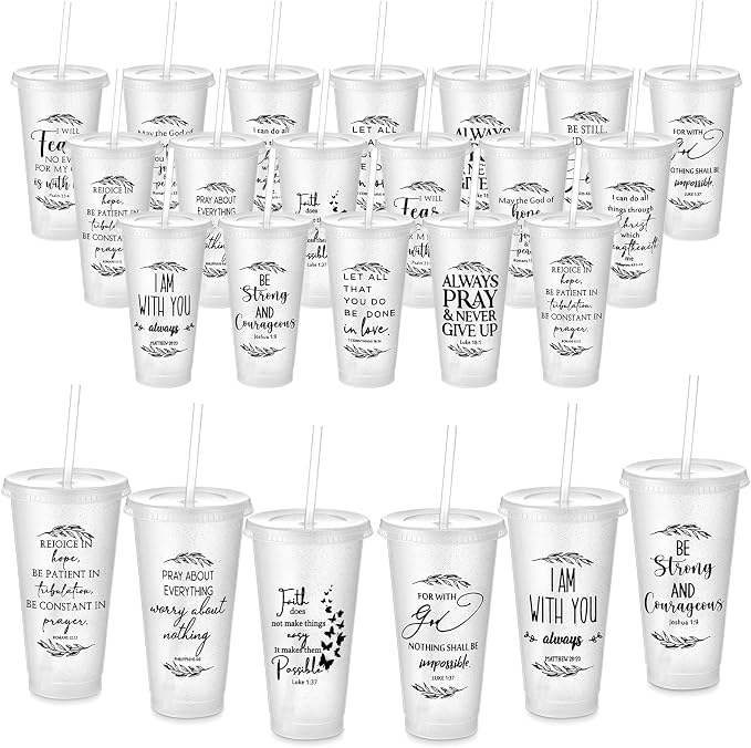 Havawish 24 Pcs Mothers Day Christian Tumbler Gift Bulk Religious Inspirational 24 oz Drinking Jesus Cup with Lid Straw Bible Verse Plastic Cup for Church Father Teacher First Communion (Clear) by Havawish