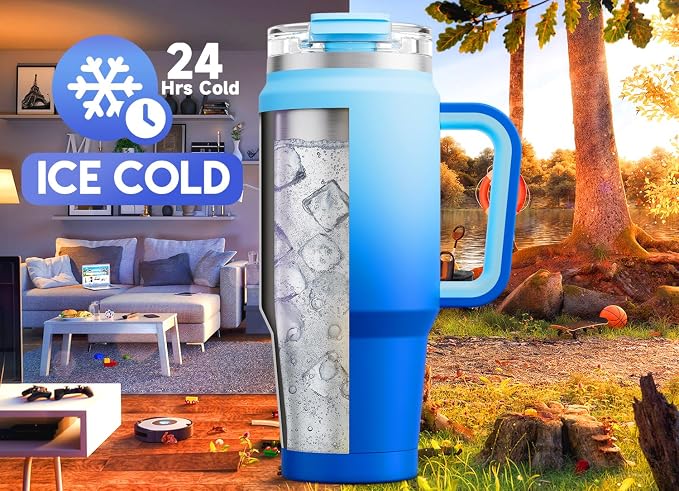 Meoky 32 oz Tumbler with Handle, Insulated Tumbler with Lid and Straw, Stainless Steel Travel Mug, Keeps Cold for 24 Hours, 100% Leak Proof, Fits in Car Cup Holder (Sky) - Image 2