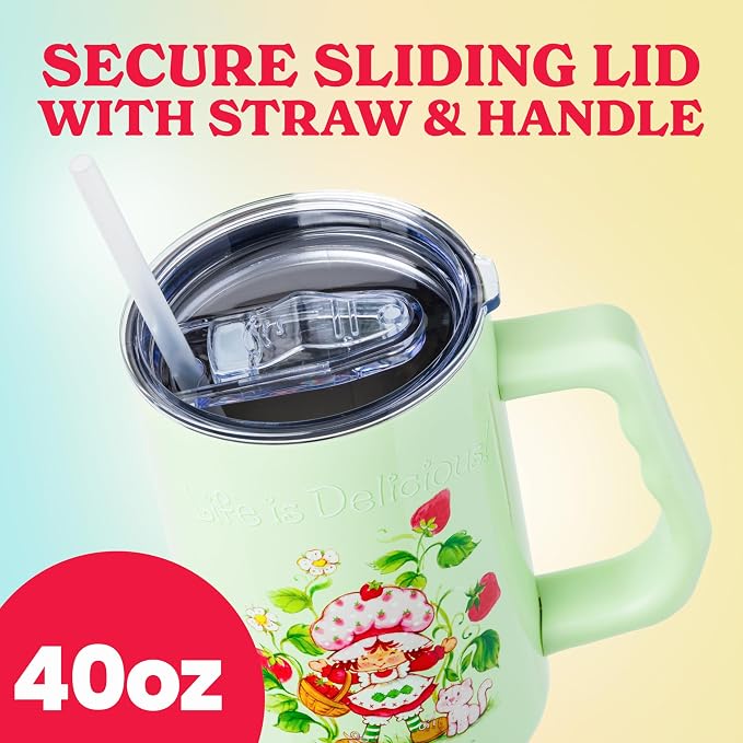 Silver Buffalo Strawberry Shortcake and Custard “Life is Delicious!” Double Walled Stainless Steel Tumbler with Handle, Fits in Standard Cup Holder, 40 Ounces - Image 3
