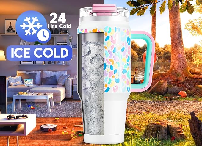 Meoky 32 oz Tumbler with Handle, Insulated Tumbler with Lid and Straw, Stainless Steel Travel Mug, Keeps Cold for 24 Hours, 100% Leak Proof, Fits in Car Cup Holder (Leopard) - Image 2