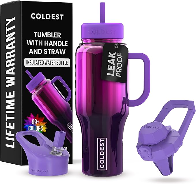 Coldest Tumbler with Handle and Straw - 100% Spill Proof Tumbler with Straw (3 Lids) - Stainless Steel Insulated Leakproof Tumblers for Women & Men - Cup Holder Friendly - 36 oz (Purple Nova) by Coldest