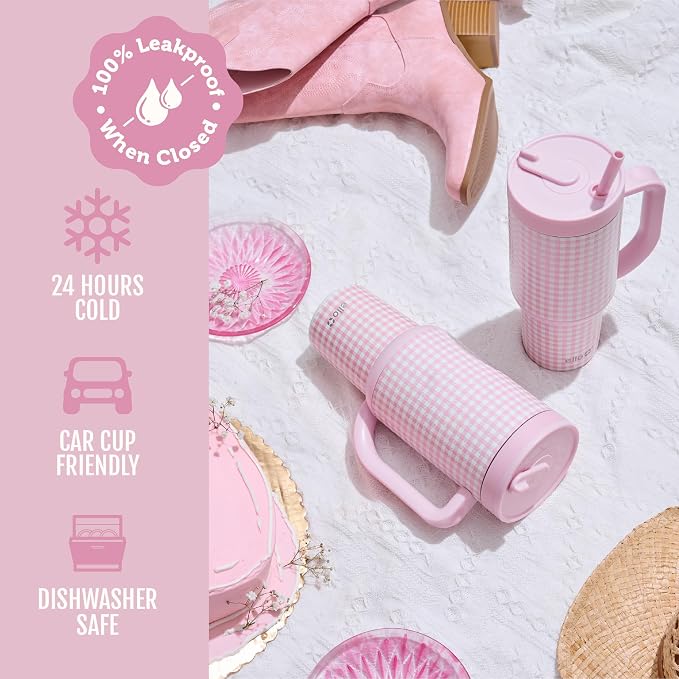 Ello Oasis 40 oz Tumbler with Handle & Retracting Straw | Reusable Insulated Stainless Steel Cup 100% Leakproof, Gifts for Teens Women Men | Keeps cold for 24 Hours, Cup Holder Friendly, Pink Gingham - Image 5