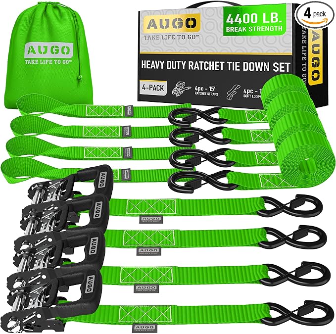 AUGO Heavy Duty Ratchet Straps & Soft Loops – Pack of 4 Extra Strong 1.5” by by AUGO