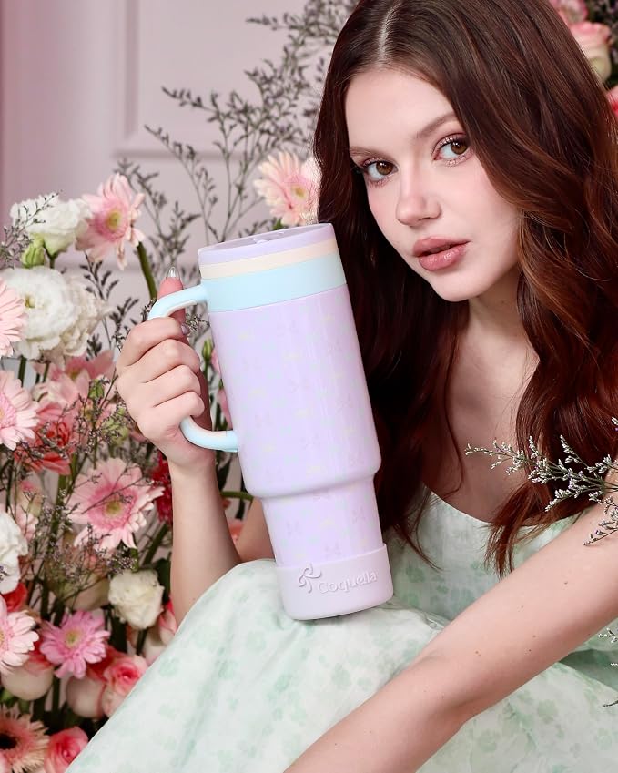 40 oz Insulated Tumbler with Handle and Push-Button Straw Lid, Stainless Steel Travel Cup for Gym Office, Leakproof, BPA-Free, Cup Holder Friendly, Bow Silicone Boot, Purple (Bow Lilac) - Image 8