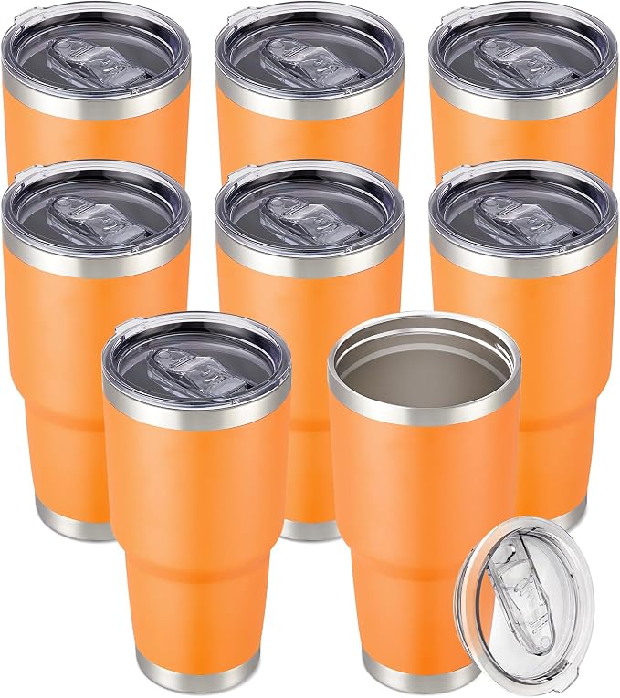 30 oz Tumbler with Lid Stainless Steel Tumblers Bulk Vacuum Insulated Cup Reusable Powder Coated Travel Mug Double Wall Leak Proof Cups Keep Cold Drinks for 12 Hours Orange, Set of 8 by CoolYoleb