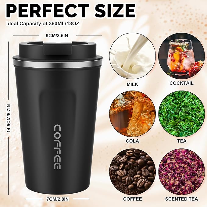 MOMSIV 12oz Travel Mug, Insulated Coffee Cup with Leakproof Lid, Vacuum Stainless Steel Double Walled Reusable Tumbler for Hot and Cold Water Coffee and Tea In Travel and Car Black - Image 2