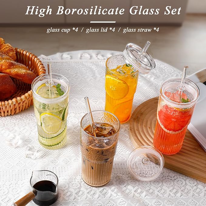 DWTS DANWEITESI Glass Cups with Lids and Straws 4 Pcs,20oz Glasses Drinking Set Vintage Textured Clear Iced Coffee Cups with Lids,Reusable Glass Tumbler with Straw and Lid for Coffee Bar Accessories - Image 4
