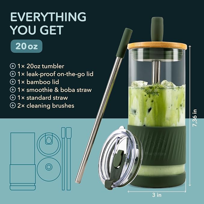 Pandaloo® Glass Cups With Lids and Straws -20 Fl Oz- Perfect Size Iced Coffee Cup - Smoothie Cup With Bamboo Lid and On the go Lid - Glass Tumbler With Straw (1 Count (Pack of 1), Mediterranean Olive) - Image 2