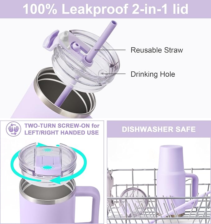 SUNWILL Coffee Tumbler with Handle, 30 oz Travel Mug with Lid and Straw Insulated, Stainless Steel Cup Leak Proof for Travel & Outdoor, Cupholder Friendly, Powder Coated Orchid - Image 4