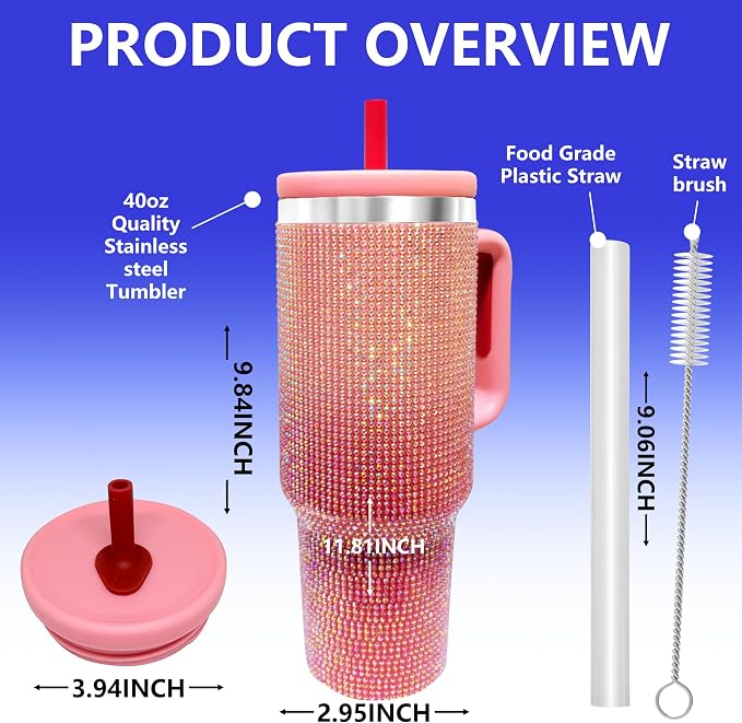 40-OZ Insulated Water Bottle,Insulated Stainless Steel Tumbler,Reusable Cold Drink Thermos,BPA-Free, Double-Wall Stainless Steel Water Bottle (Pink Gradient - Diamond, 40, Fluid Ounces) - Image 2