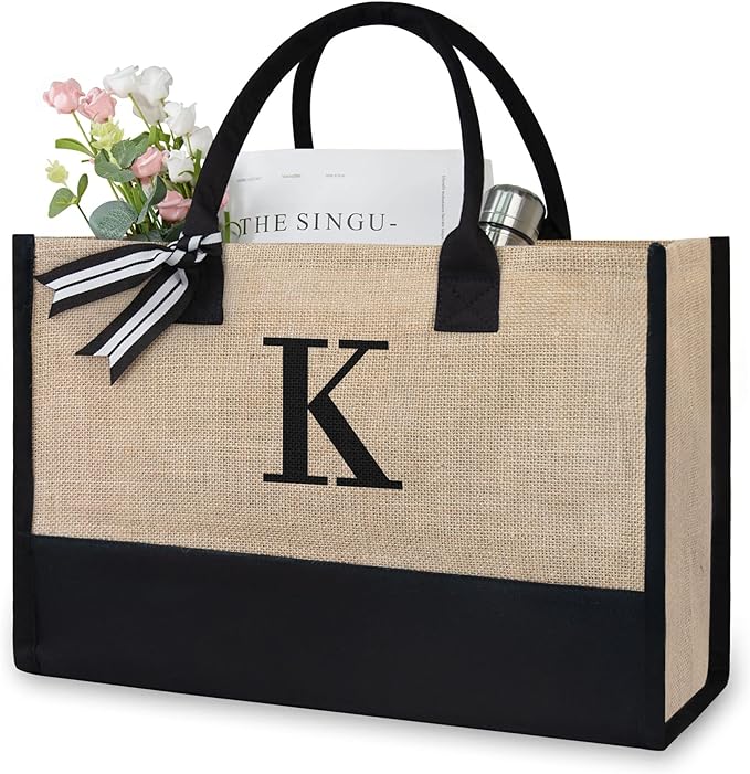 TOPDesign Initial Jute/Canvas Tote Bag, Personalized Present Bag, Suitable by TOPDesign