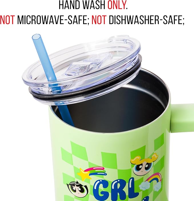Silver Buffalo Powerpuff Girls Girl Power Groovy Retro Featuring Blossom, Bubbles, and Buttercup Double Walled Stainless Steel Tumbler with Handle and Straw, Fits in Standard Cup Holder, 40 Ounces - Image 4