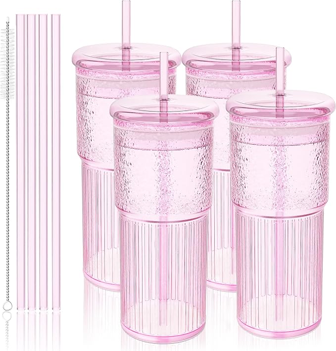 Luiaiog 20oz Glass Cups with Lids and Straws - Set of 4 Reusable Tumblers, Thickened Shatter-Resistant Glass, Ideal for Iced Coffee, Smoothies, Cocktails, Juices - Elegant & Durable Drinkware (Pink) by Luiaiog
