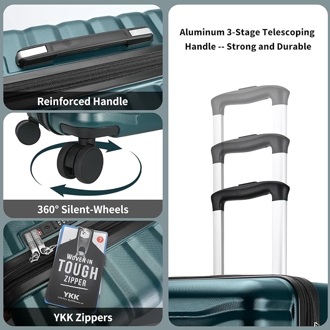 Lightweight Luggage with Spinner Wheels & YKK Zipper, 3-Piece Suitcase ABS+PC - Image 6