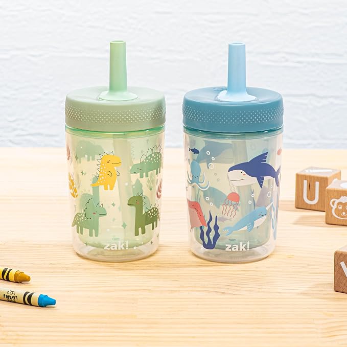 Zak Designs Capri Toddler Tumblers For Travel or At Home, 9oz 2-Pack Double Wall Plastic Sippy Cups With Leak-Proof Design is Perfect For Kids (Dino Buddies, Bubble Bay) - Image 3