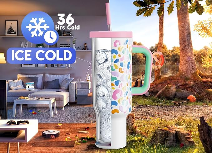 Meoky 50 oz Tumbler with Handle, Tumbler with Lid and Straw, Insulated Stainless Steel Travel Mug, 100% Leak-proof, Keeps Cold for 36 Hours or Hot for 12 Hours (Leopard) - Image 2